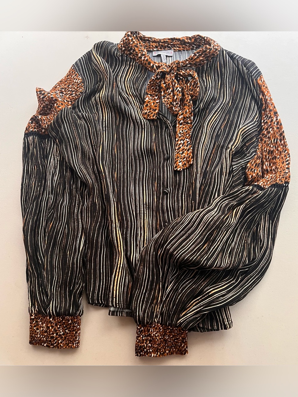 Anthropologie Black and Brown Striped Tie-Neck Blouse